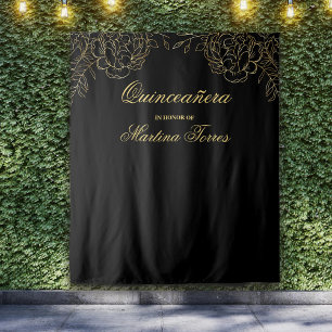 Quinceanera Schwarz und Gold Fotobooth Hintergrund Wandteppich