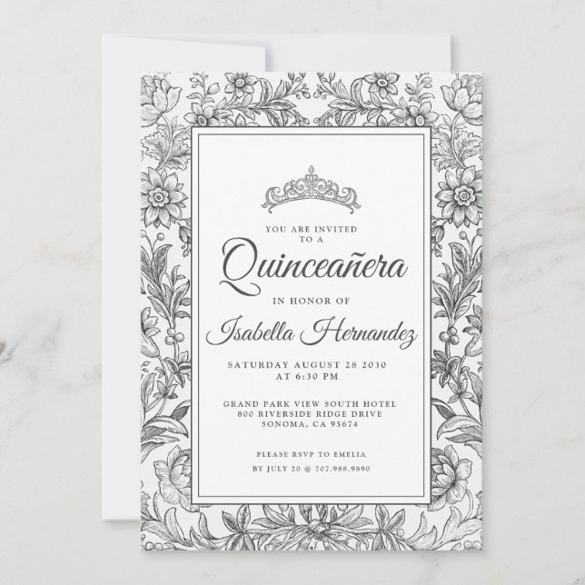 Quinceanera Schwarz-weiß Floral Tiara Einladung (Vorderseite)