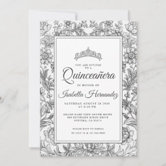 Quinceanera Schwarz-weiß Floral Tiara Einladung