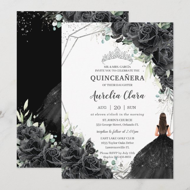 Quinceañera Schwarze Flora Rose Kleid Silver Crown Einladung (Vorne/Hinten)