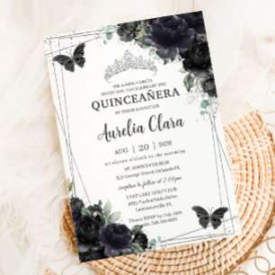 Quinceañera Schwarze Flora Rose Prinzessin Silver Einladung