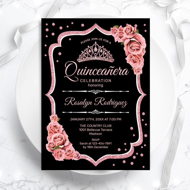 Quinceanera - Schwarze Rose Gold Einladung (Von Creator hochgeladen)