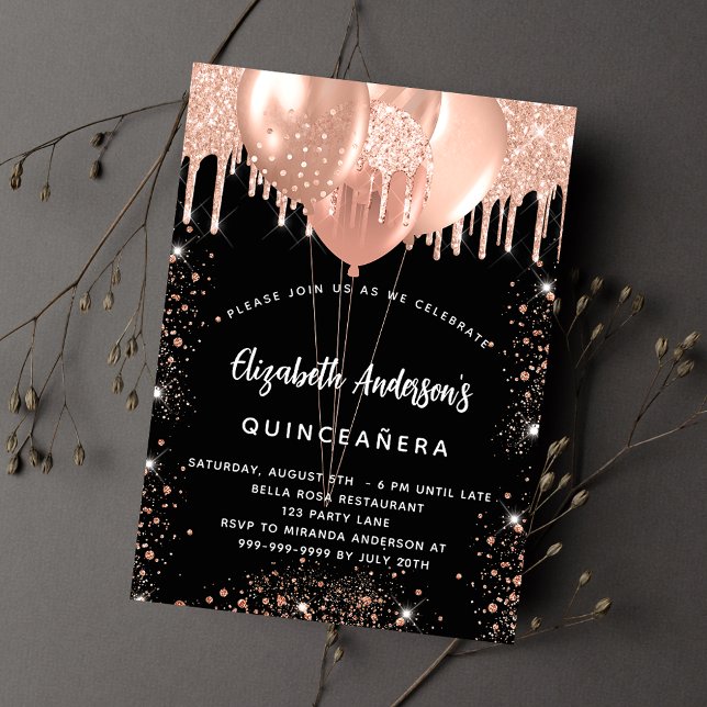 Quinceanera Schwarze Rose Goldballon Glitzer Tropf Einladung (Von Creator hochgeladen)