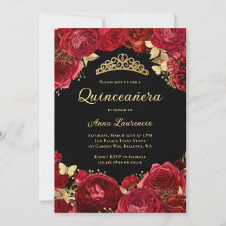 Quinceanera Schwarze Rote Rosen Blume Einladung
