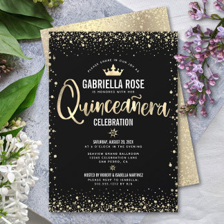 Quinceañera Schwarzer Glitzer Fossilienfisch Prinz Einladung