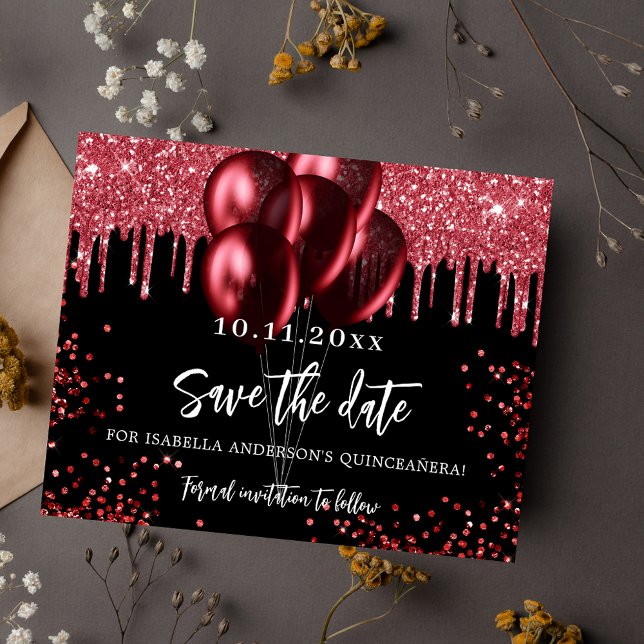 Quinceanera Schwarzer Roter Ballon Save the Date Flyer (Von Creator hochgeladen)