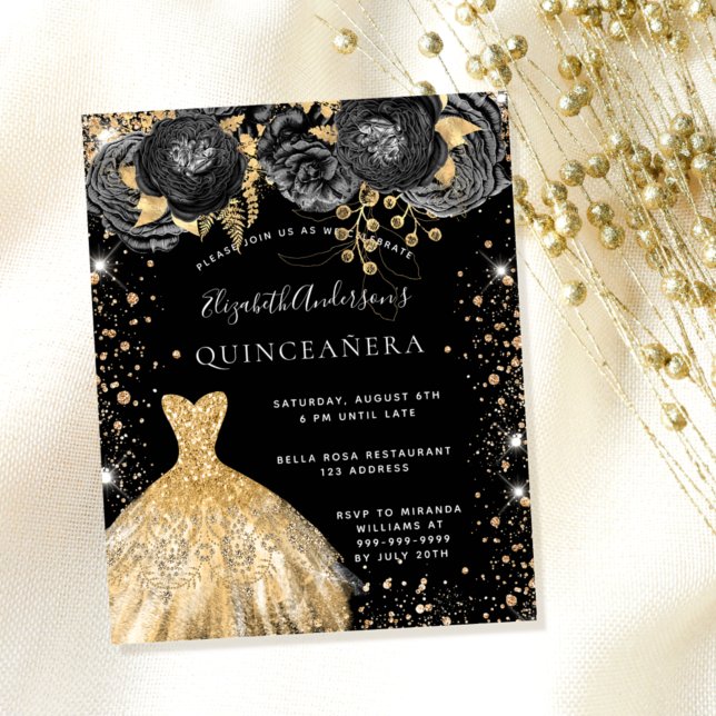 Quinceanera schwarzes Gold Kleid Blumen Einladung Flyer (Von Creator hochgeladen)