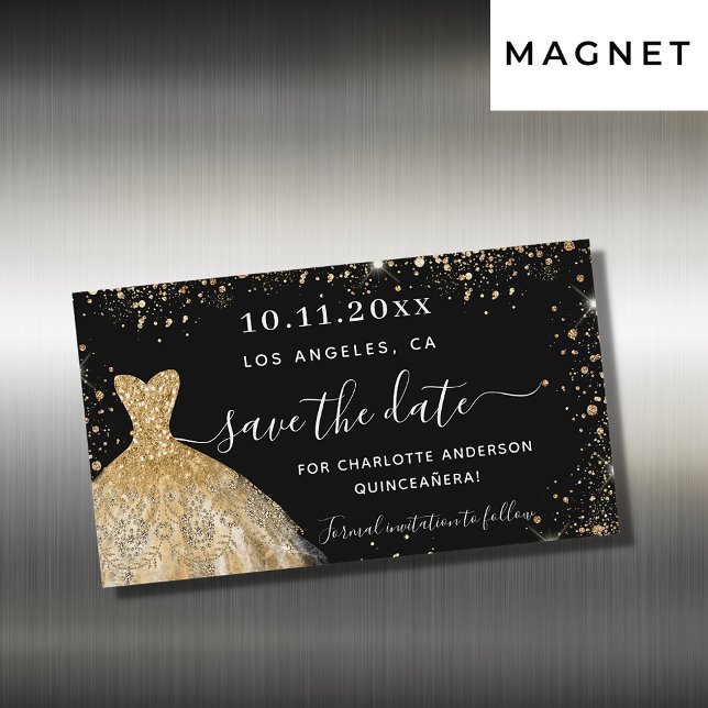 Quinceanera schwarzes Gold Kleid speichern Sie das Magnetkarte (Von Creator hochgeladen)