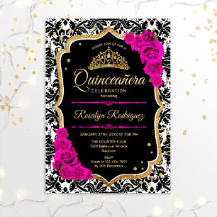 Quinceanera - Schwarzes Rosa Gold Einladung