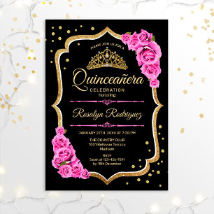 Quinceanera - Schwarzes Rosa Gold Einladung