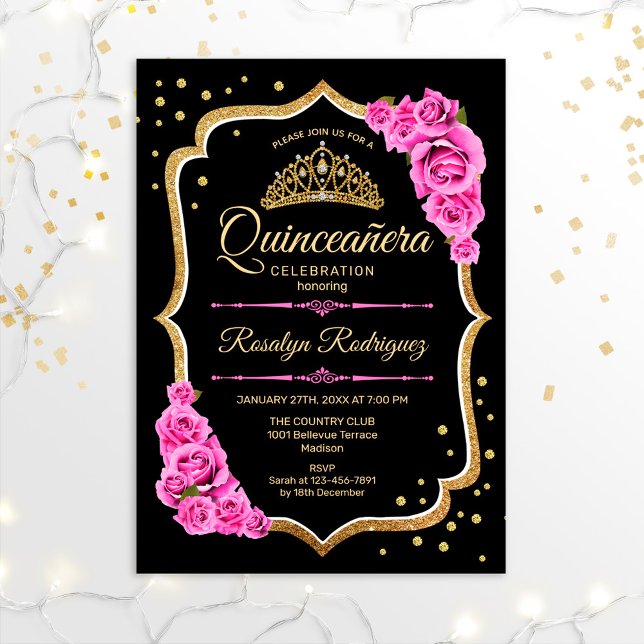 Quinceanera - Schwarzes Rosa Gold Einladung (Von Creator hochgeladen)