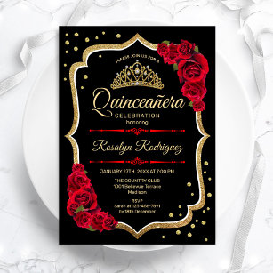 Quinceanera - Schwarzes Rotes Gold Einladung