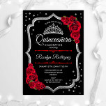 Quinceanera - Schwarzes Silber Rot Einladung<br><div class="desc">Silver Schwarz-weiß Quinceanera feiern Einladung. Enthält Skript-Schriftart,  rote Rosen,  Tiara und Konfetti. Klassisches Design mit Imitaten Glitzer Silber. Ideal für eine elegante Glamour.</div>