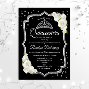 Quinceanera - Schwarzes Silber Weiß Einladung
