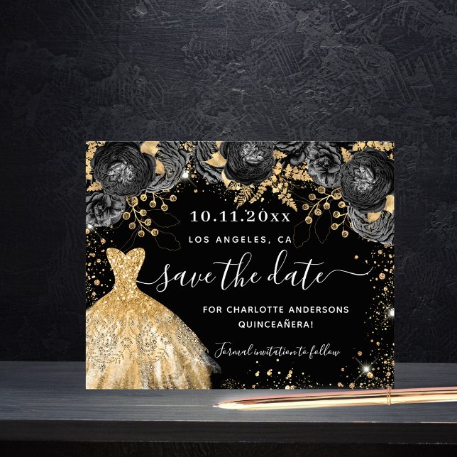 Quinceanera Schwarzgoldkleid Budget Save the Date Flyer (Von Creator hochgeladen)