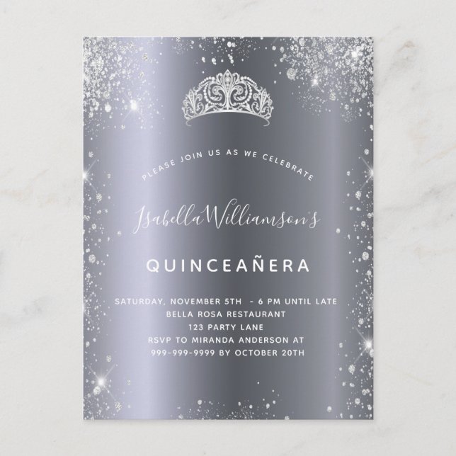 Quinceanera silber Glitzer Staub Tiara Krone Einladungspostkarte (Vorderseite)