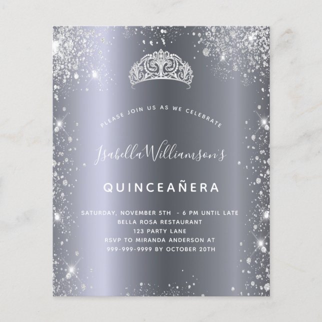 Quinceanera silber Glitzer Tiara Einladung (Vorderseite)