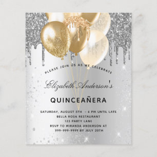 Quinceanera Silber-Gold-Ballon Budget-Einladung Flyer