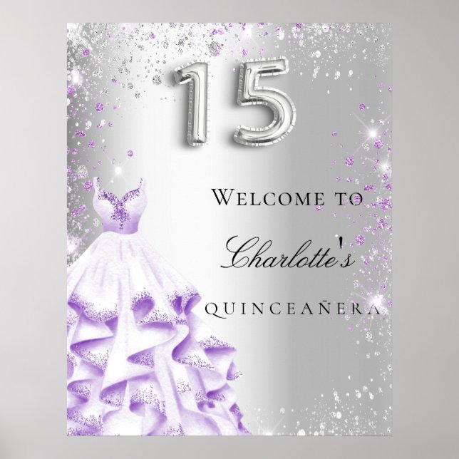 Quinceanera silber lila Glitzer Empfang Poster (Vorne)