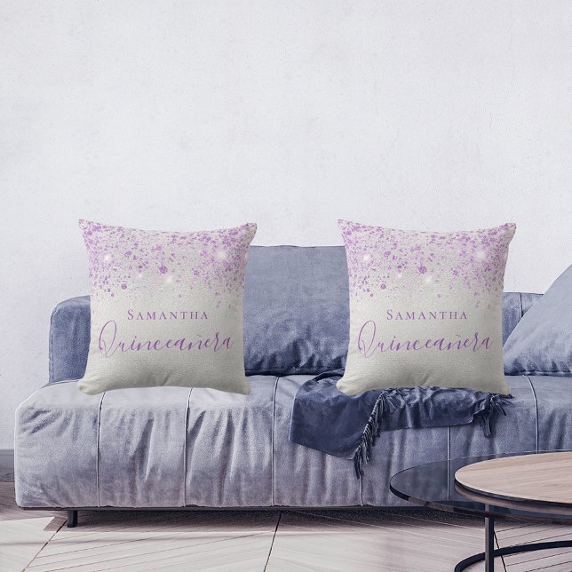 Quinceanera Silber lila Tropfen Monogramm Name Kissen (Von Creator hochgeladen)