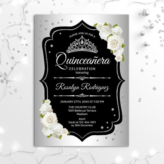 Quinceanera - Silber Schwarz-weiß Einladung (Von Creator hochgeladen)