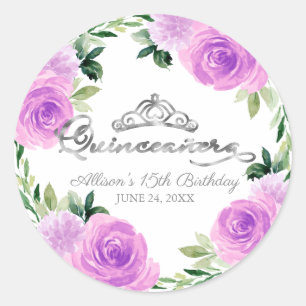 Quinceanera Silber-Tiara Hellviolette Blumen Runder Aufkleber