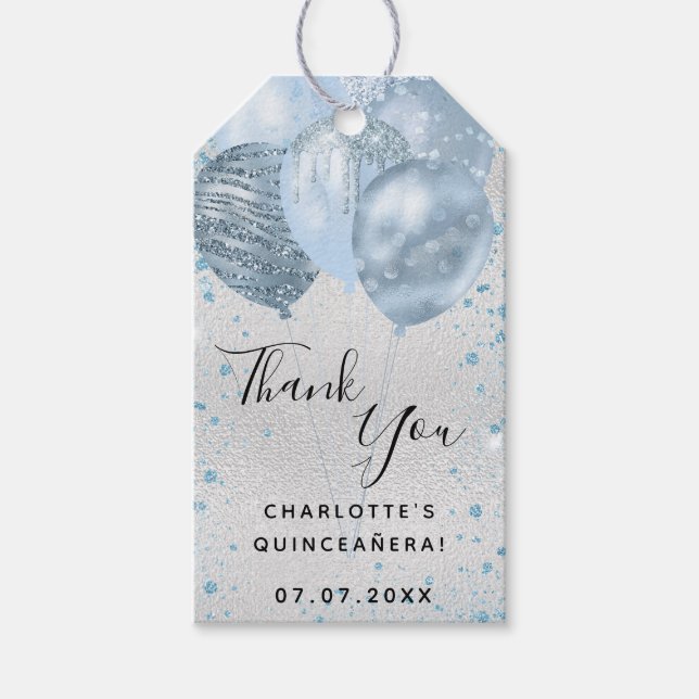 Quinceanera silberblauen Glitzer Ballons vielen Da Geschenkanhänger (Vorderseite)