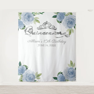 Quinceanera-Silberfolien-Tiara Blaue Blumenkulisse Wandteppich