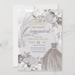 Quinceañera Silbergraugold extravagant Tiara & Gow Einladung