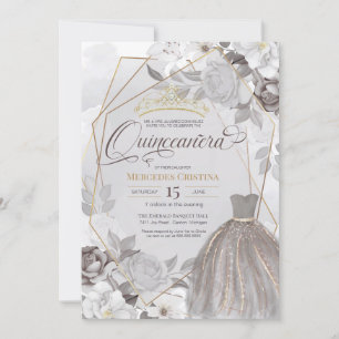 Quinceañera Silbergraugold extravagant Tiara & Gow Einladung