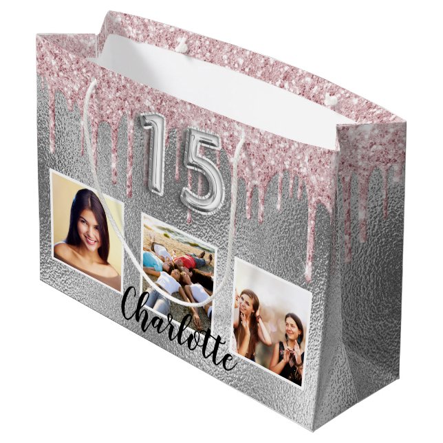 Quinceanera silberrot Glitzer Foto Name Große Geschenktüte (Rückseite Schrägansicht)