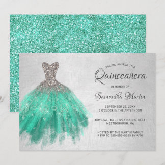 Quinceanera Silver Aqua Dress on Silver Aquamarine Einladung