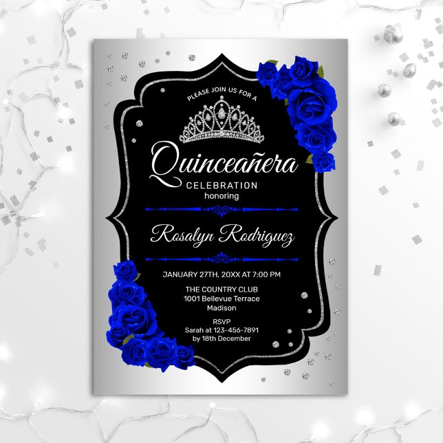 Quinceanera - Silver Black Royal Blue Einladung (Von Creator hochgeladen)
