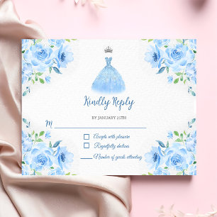 Quinceanera Silver Blue Floral Gown RSVP Karte