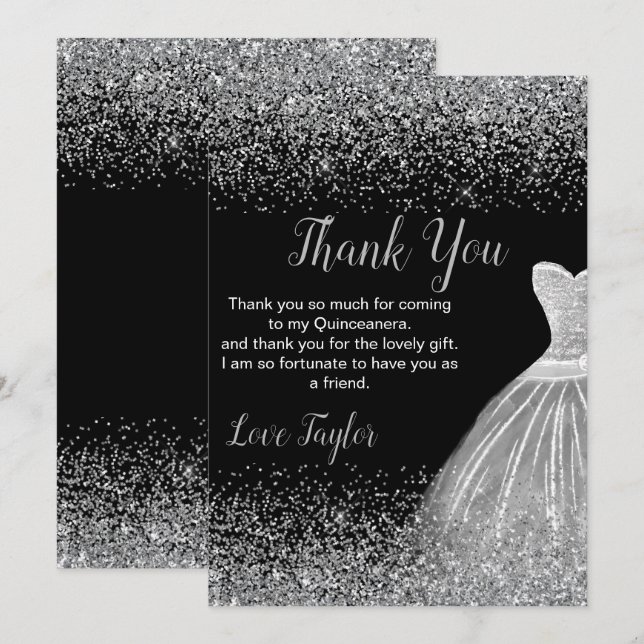 Quinceanera Silver Dress Faux Glitter Dankeskarte (Vorne/Hinten)