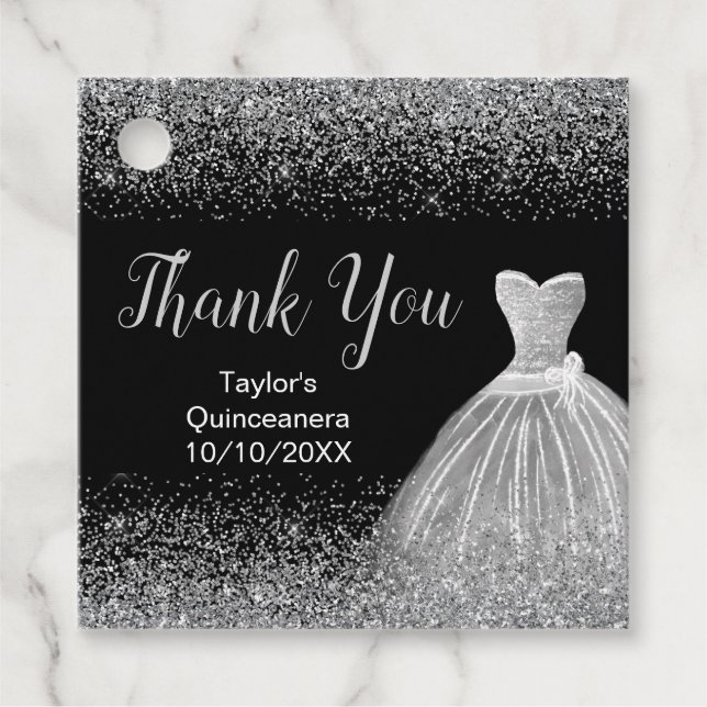 Quinceanera Silver Dress Imitate Glitzer Geschenkanhänger (Vorderseite)