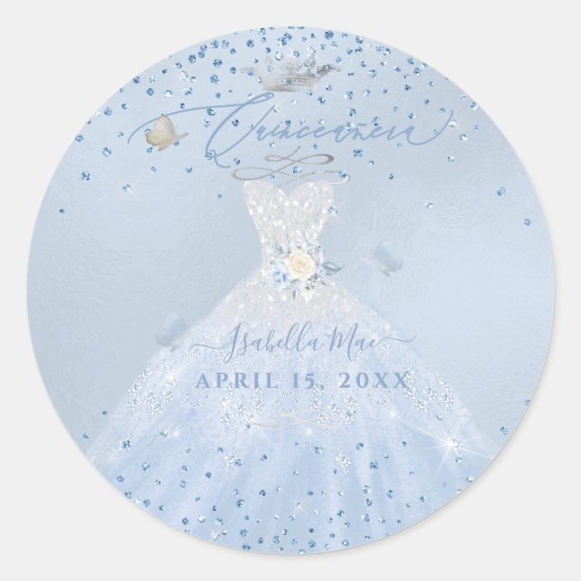 Quinceanera Silver Dusty Blue Glitzer Gown Runder Aufkleber (Vorderseite)