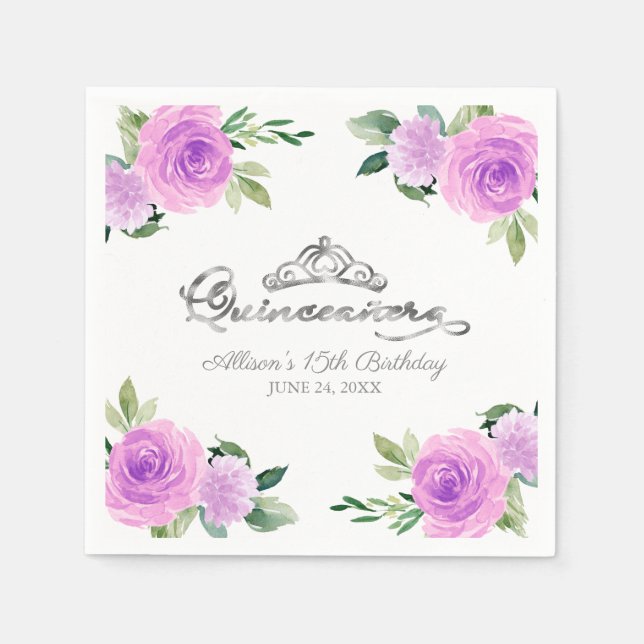Quinceanera Silver Foil Tiara farbenfroh Serviette (Vorderseite)