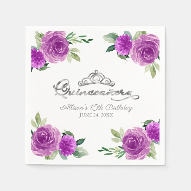 Quinceanera Silver Foil Tiara Lila Flora Serviette (Vorderseite)