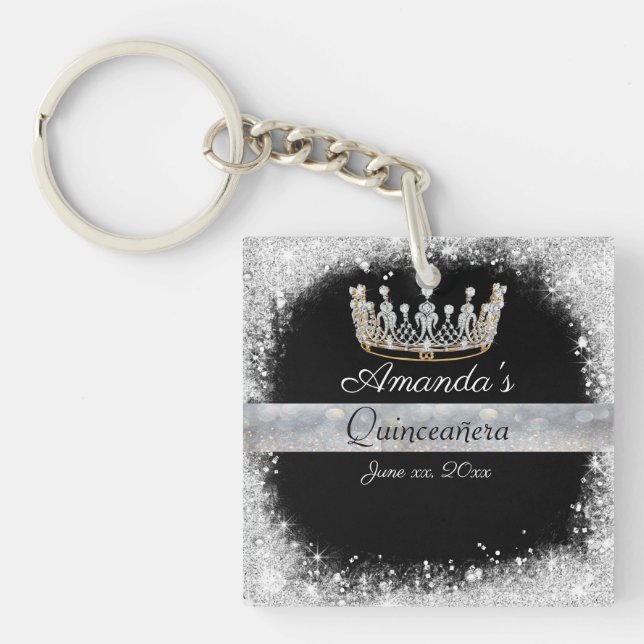 Quinceanera Silver Glitzer Diamond Princess Crown Schlüsselanhänger (Vorderseite)