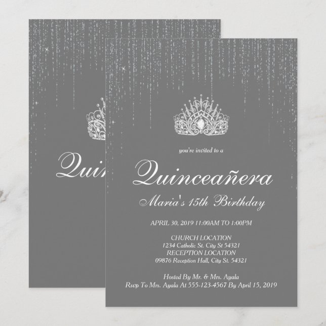 Quinceanera, Silver Glitzer Einladungen (Vorne/Hinten)