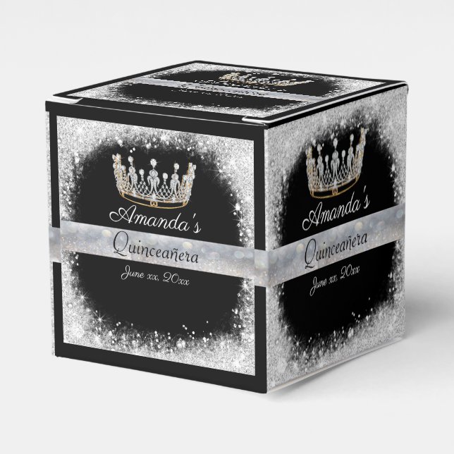 Quinceanera Silver Glitzer Gold Crown Fevor Box Geschenkschachtel (Vorderseite)
