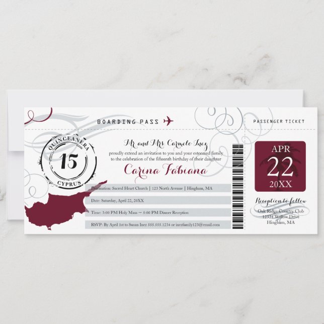Quinceanera Silver Gray und Burgund ZYPERN Einladung (Vorderseite)