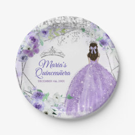 Quinceañera Silver & Purple Blumen Aquarell Pappteller