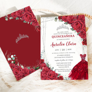 Quinceañera Silver Rote Rosen Blumenkleid Gown Einladung