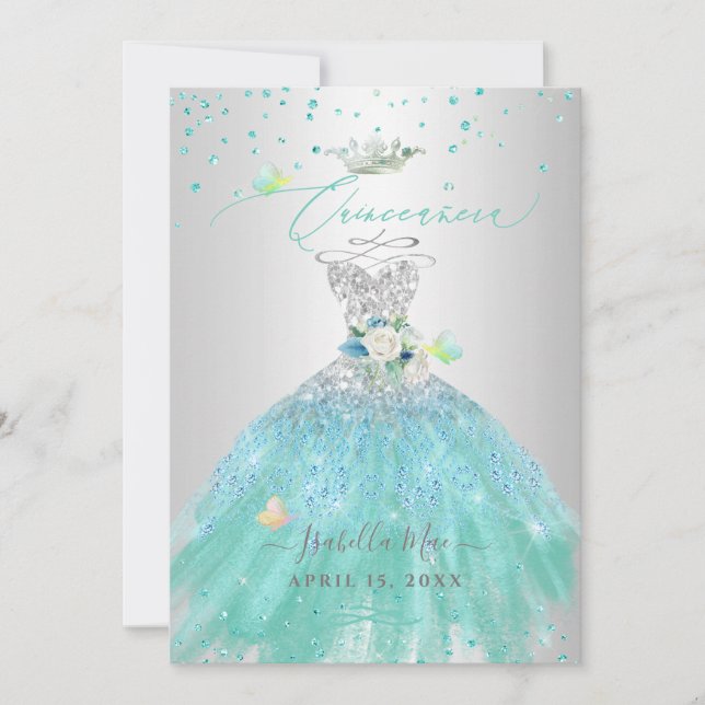 Quinceanera Silver Turquoise Glitzer Gown Einladung (Vorderseite)