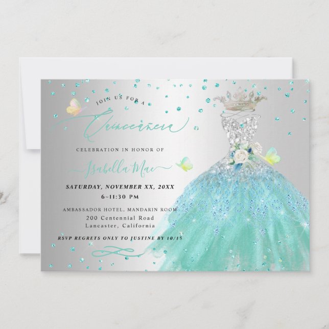 Quinceanera Silver Turquoise Quinceanera Kleid Einladung (Vorderseite)