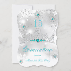 Quinceanera Silver White Aquamarin Blue Pearl Snow Einladung