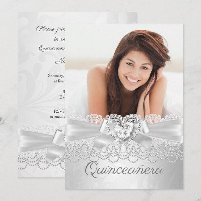 Quinceanera Silver White Lace Damask Diamond Herz Einladung (Vorne/Hinten)