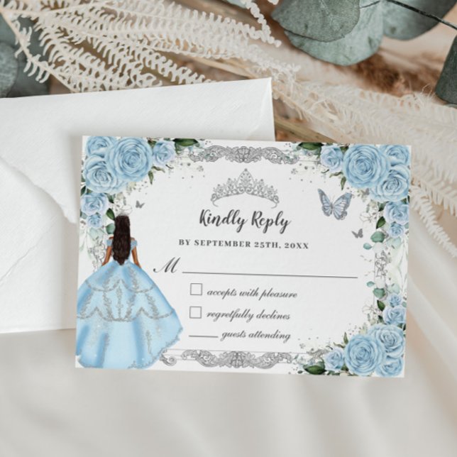 Quinceañera Sky Blue Floral Blume Dress Princess RSVP Karte (Von Creator hochgeladen)